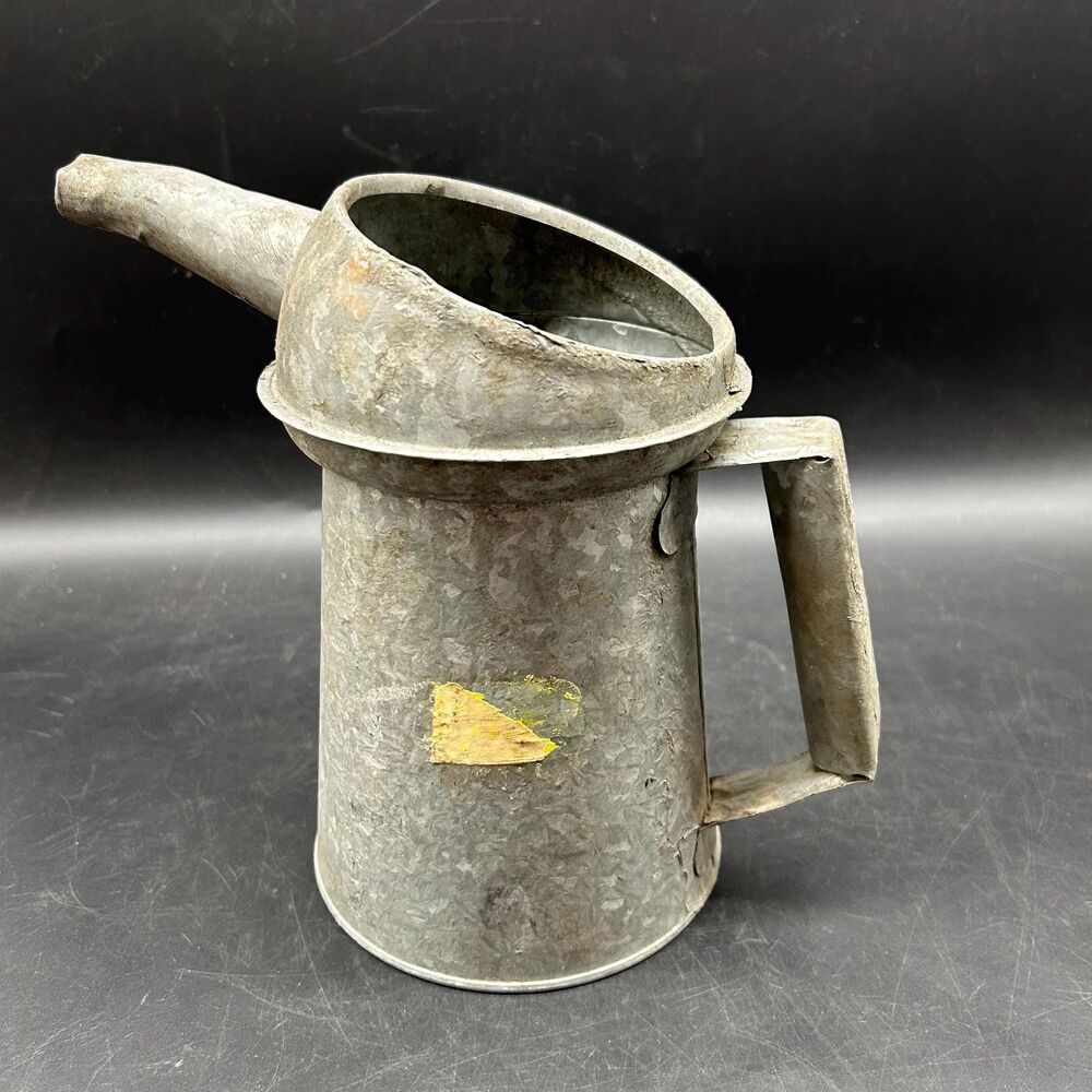 Rustic Galvanized oil gas Can, Vintage Metal Decor with Patina, spout, handle